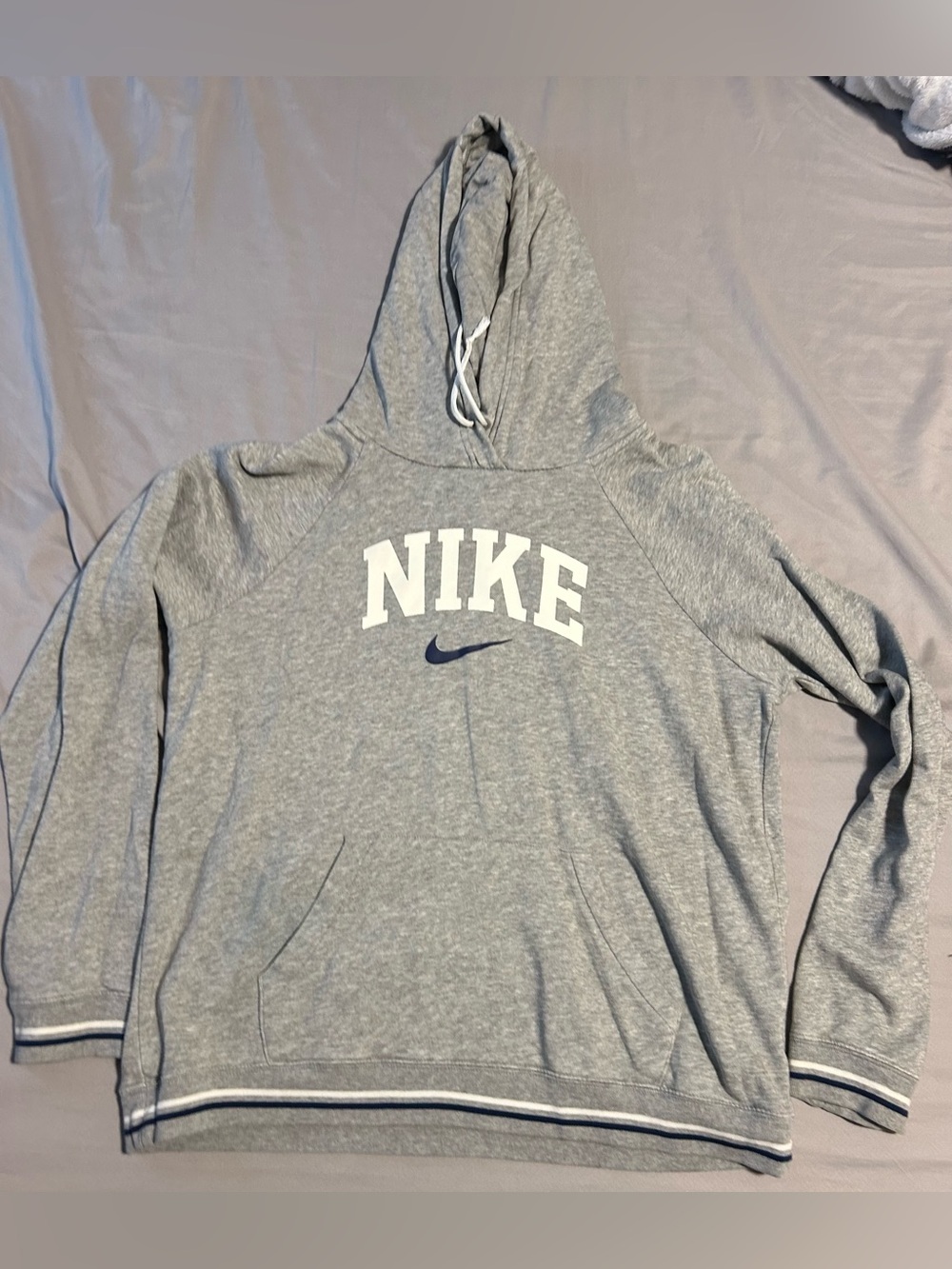 Nike Light Gray Hooded Pullover with Stripe Hem-size s/m